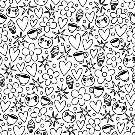 Random black and white outlined doodles with cats, flowers and coffee, vector seamless patternのイラスト素材