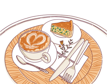 Coffee and slice of pie on the cafe table, vector illustration, isolated on white backgroundのイラスト素材