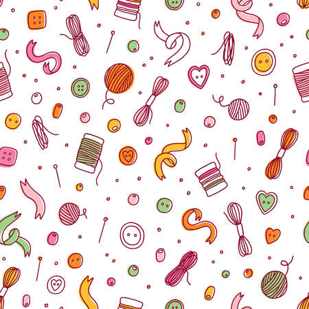 Handmade inspired, different buttons, beads and threads, and other sewing supplies, lovely cartoon doodle style vector seamless pattern with white backgroundのイラスト素材