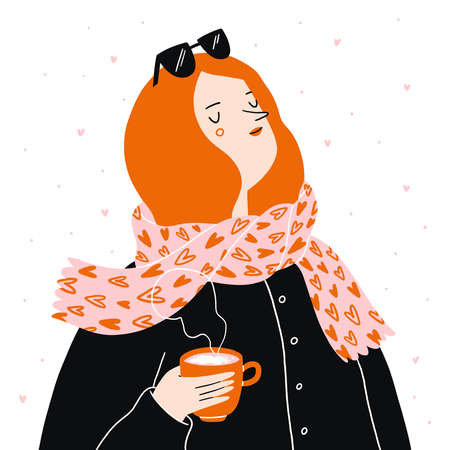 Cute red hair hipster girl in black coat, with sunglasses, coffee and a lovely scarf with little hearts, vector illustration, isolated on white backgroundのイラスト素材