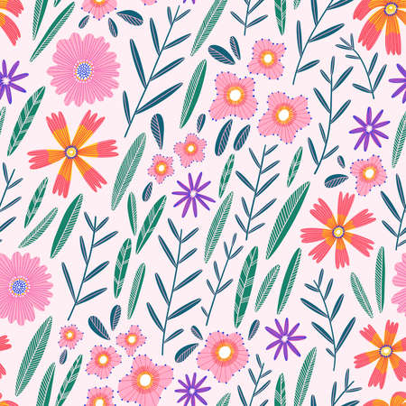 Summer flower field with pink florals, decorative leaves and pretty blossoms, vector seamless patternのイラスト素材