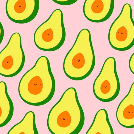 Cute half sliced avocado cartoon characters on pink background, vector seamless patternのイラスト素材