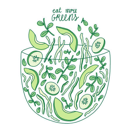 Eat more greens, green vegetable salad with avocado and cucumber in a bowl, sketch style vector illustration, isolated on white backgroundのイラスト素材