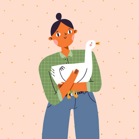Farm girl in check shirt and jeans with a duck, cute cartoon vector illustration on dotted peach backgroundのイラスト素材