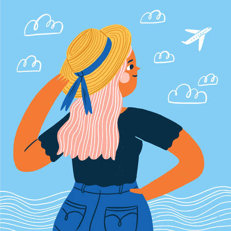 Girl in a straw hat standing in front of the water, looking at a plane in the sky, view from behind, vacation theme, travel vector illustrationのイラスト素材