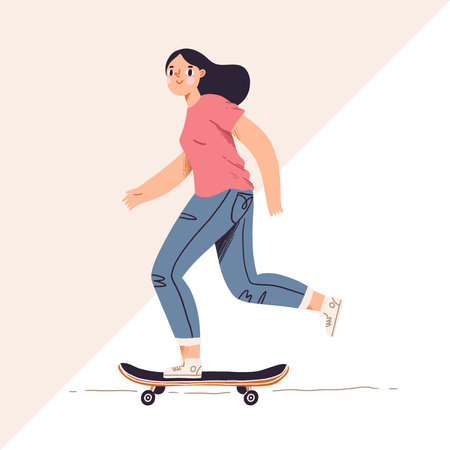 Girl on a skateboard, cartoon vector illustration, isolated on white and beige backgroundのイラスト素材