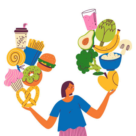 Girl with healthy food and fast food, cartoon vector illustration, isolated on white backgroundのイラスト素材