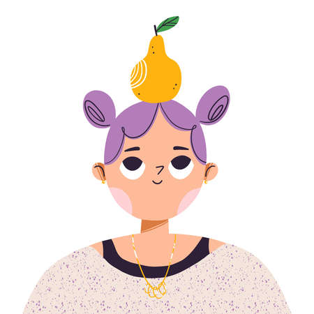 Cute hipster girl with a pear on her head, cartoon vector illustration, isolated on white backgroundのイラスト素材
