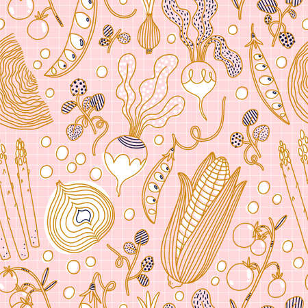 Beautiful abstract vegetable garden with golden outline corn and tomatoes, peas and onions, pink check background, vector seamless patternのイラスト素材