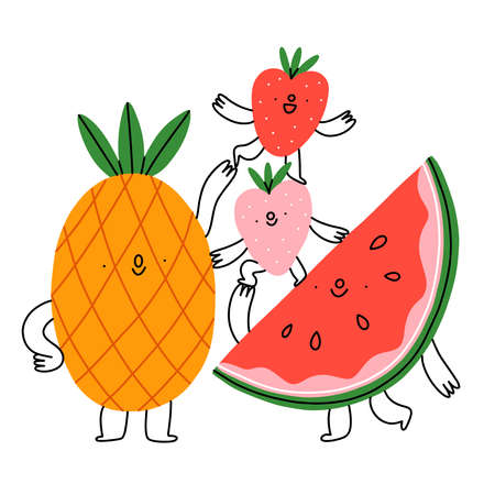 Cute and funny cartoon pineapple, watermelon and strawberry fruit characters, vector illustration, isolated on white backgroundのイラスト素材