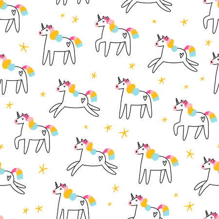Magic rainbow unicorns and shiny stars, vector seamless pattern, isolated on white backgroundのイラスト素材