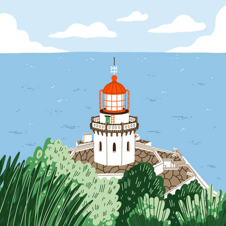 Scenic view with a beautiful lighthouse with red roof, cartoon style abstract landscape, vector illustrationのイラスト素材