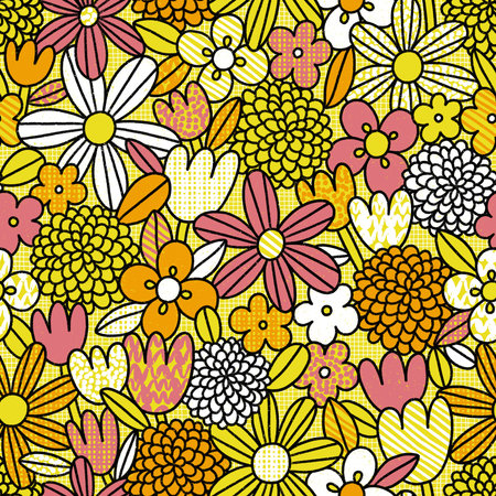 Optimistic doodle flowers on yellow checkered background, retro floral seamless pattern, bright summer printの写真素材