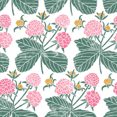 Yummy garden raspberry, block print style seamless pattern illustration, summer print on white backgroundの写真素材