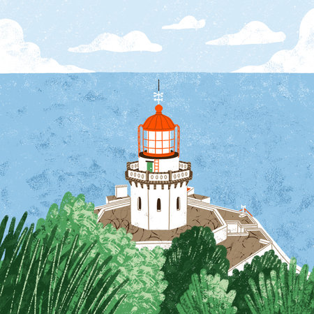Ocean coast view with beautiful white lighthouse with red roof, cartoon travel sightseeing illustration, view pointの写真素材