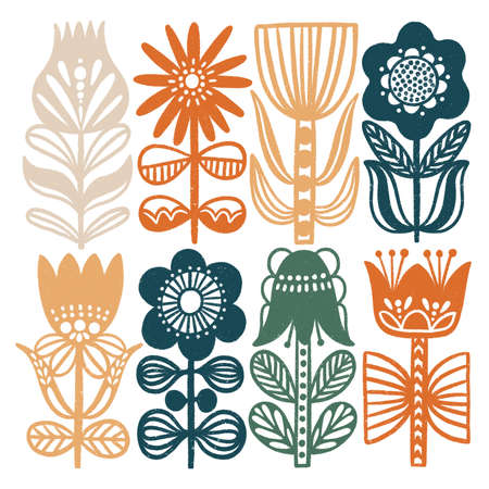 Collection of 8 Scandinavian folk flowers, decorative traditional botanical ornament, clip art illustration, isolated on white backgroundの写真素材