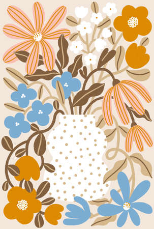 Earth tones bouquet on cream background, abstract floral composition in dotted vase, isolated illustrationの写真素材
