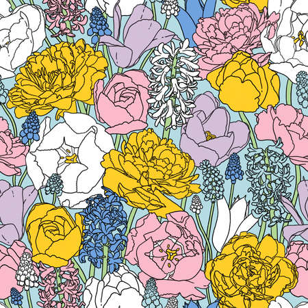 Gorgeous tulips and hyacinth flowers, botanical seamless pattern illustration on light blue backgroundの写真素材