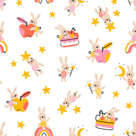 Magic rabbits with stars, birthday cakes, apples and rainbows, nursery baby print, seamless pattern illustrationの写真素材