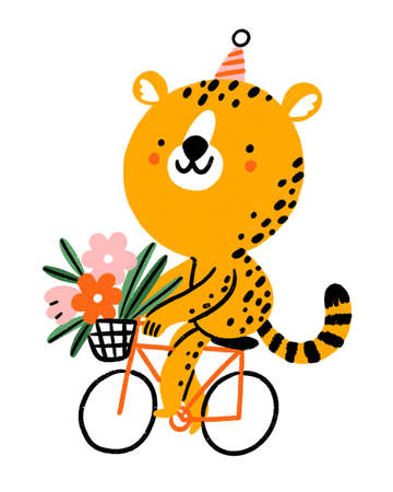 Cheetah riding a bicycle with flowers in a basket, cute cartoon animal character illustration, isolated on white backgroundの写真素材