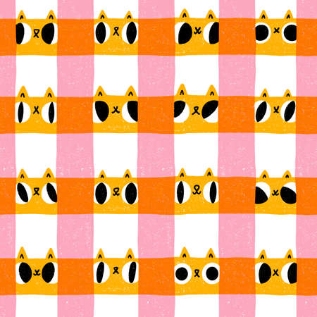 Fun cartoon print with cute abstract cartoon cat faces with big eyes, check seamless pattern illustration, print with yellow, orange and pink colorsの写真素材