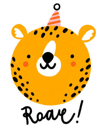 Cute print with cheetah head in a birthday hat, roar lettering, cartoon animal character face illustration, isolated on white backgroundの写真素材