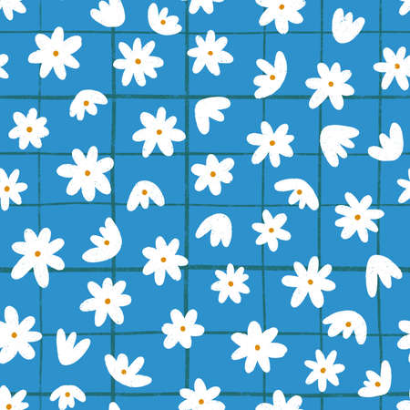 White little flowers on blue checked background, seamless pattern illustration in abstract and simple doodle styleの写真素材