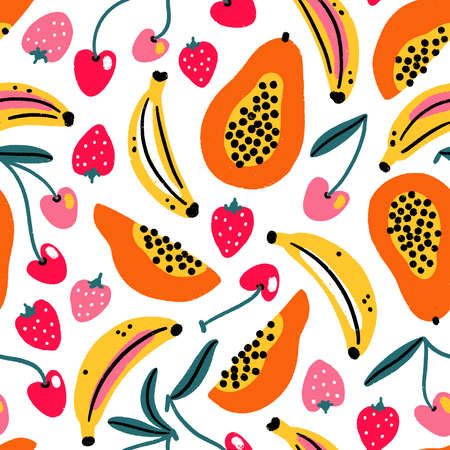 Summer fruit plate, colorful juicy exotic fruits and berries, strawberry and papaya, banana and...
