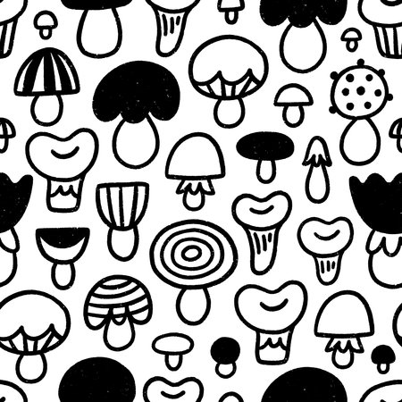 Funky doodle mushrooms, black and white cartoon print, vector seamless patternのイラスト素材