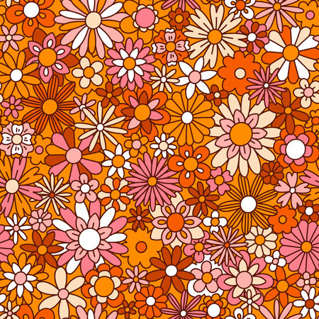 Fun retro mid century modern floral print, orange and pink flowers, vector seamless patternのイラスト素材