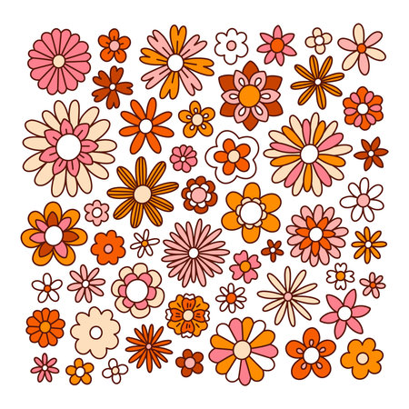 Fun retro doodle orange and pink flowers, vintage vector collection, isolated on white backgroundのイラスト素材