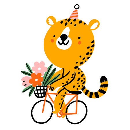 Cheetah riding a bicycle with flowers in a basket, cute cartoon animal character vector illustration, isolated on white backgroundのイラスト素材