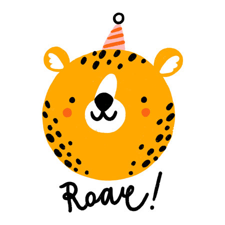 Cute print with cheetah head in a birthday hat, roar lettering, cartoon animal character face vector illustration, isolated on white backgroundのイラスト素材