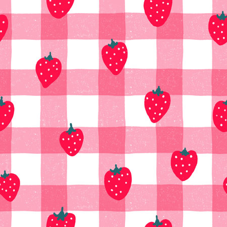 Red strawberries on pink gingham background, berry fruit checked seamless pattern illustrationの写真素材