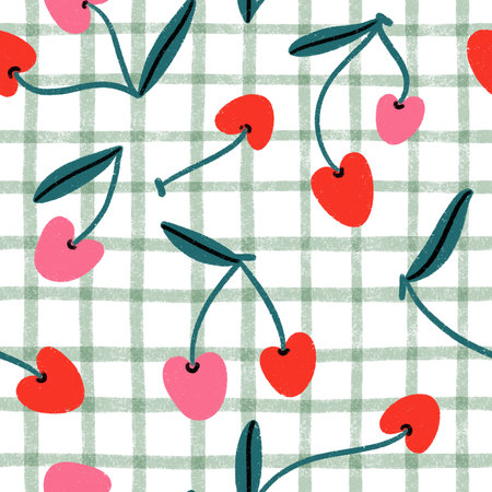 Red and pink cherry berries on green and white gingham pattern, summer fruits print, seamless pattern illustrationの写真素材