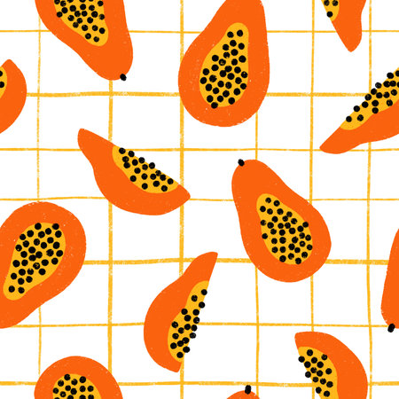 Papayas on white and yellow checkered background, tropical fruits summer print, seamless pattern illustrationの写真素材