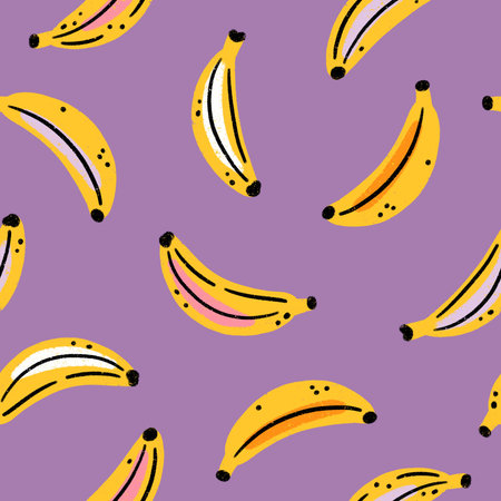 Yellow bananas on purple background, fruit summer print, cartoon seamless pattern illustrationの写真素材