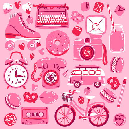 All things retro and pink. Lovely romantic clip art with vintage phone, bicycle with a basket, roller skates, clock, pink typewriter, strawberry and macarons, isolated on pink illustrationsの写真素材