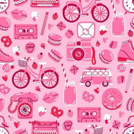 All things retro and pink. Lovely romantic print with vintage phone, bicycle with a basket, roller skates, clock, pink typewriter, strawberry and macarons. Seamless pattern illustrationの写真素材