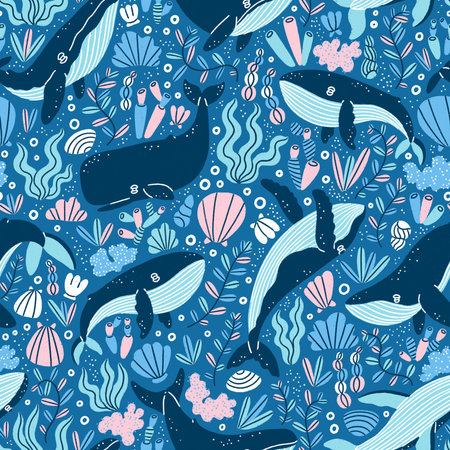 Blue joyful whales playing among corals, weeds and seashells, beautiful marine print in blue colors. Seamless pattern illustrationの写真素材