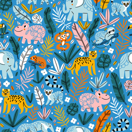 Joyful jungle cartoon style seamless pattern with cute animals like elephants, monkey, leopard or cheetah, hippos and toucan, cute lemurs and sloth, anteater and a lizardの写真素材