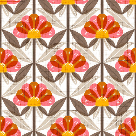 Big scale daisy flowers in vintage and abstract style, symmetrical seamless pattern illustrationの写真素材