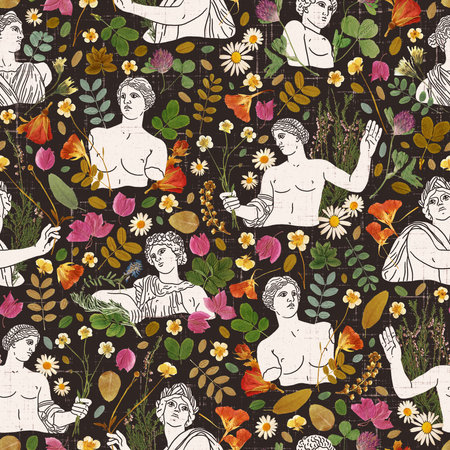 Beautiful romantic print with classic antique statues, ancient legends portraits, surrounded by natural dried and pressed flowers, seamless pattern illustrationの写真素材