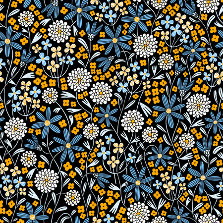 Yellow, blue and white flowers mix, tiny floral print, seamless pattern illustration with black backgroundの写真素材