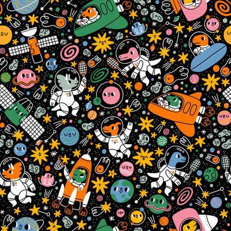 Exploring and having fun in space with cute dinosaurs. Bright cartoon print, seamless pattern illustrationの写真素材