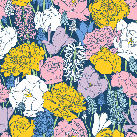 Gorgeous tulips and hyacinth flowers, botanical seamless pattern illustration on dark blue backgroundの写真素材