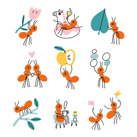 Ants are the most hardworking creatures, but they also like fun. Ants busy and relaxing life, vector cartoon clip art collectionのイラスト素材