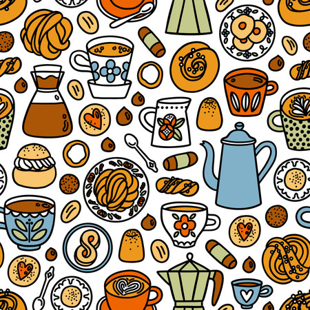 Gather around because it's fika time. All the yummy Scandinavian confectionery you can taste is here and a lot of coffee of course. Swedish vector seamless patternのイラスト素材