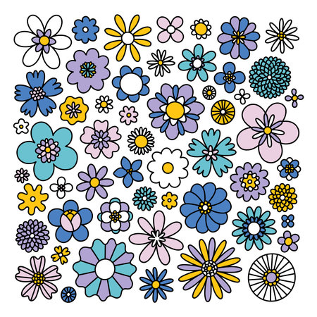 Fun retro doodle blue and lilac flowers clip art, vintage vector collection, isolated on white backgroundのイラスト素材