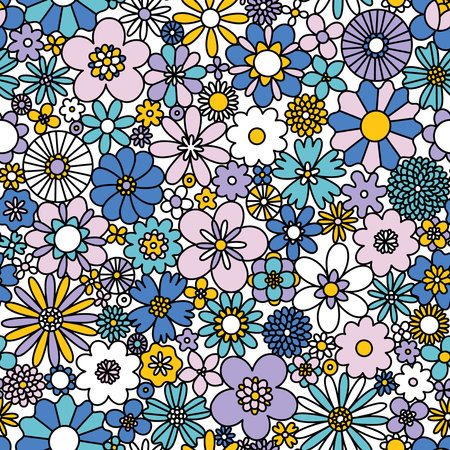 Fun retro mid century modern floral print, blue and lilac flowers, vector seamless patternのイラスト素材